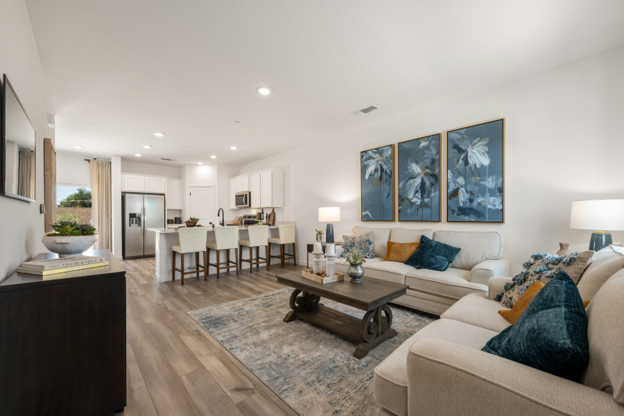 A living room with a large rug.