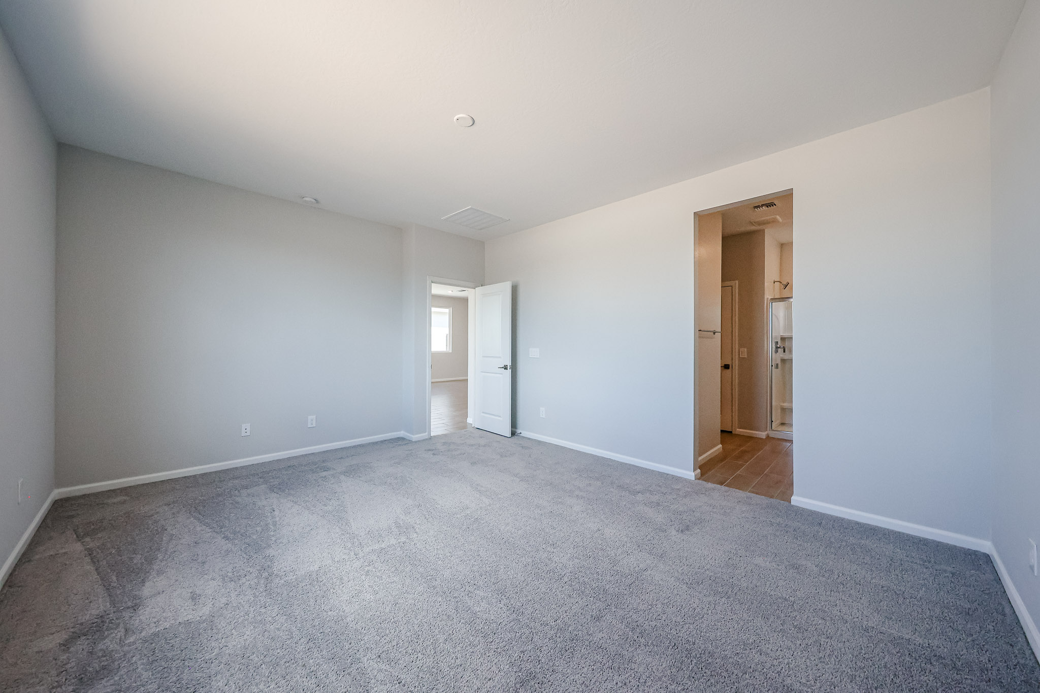 A hallway with doors and windows.
