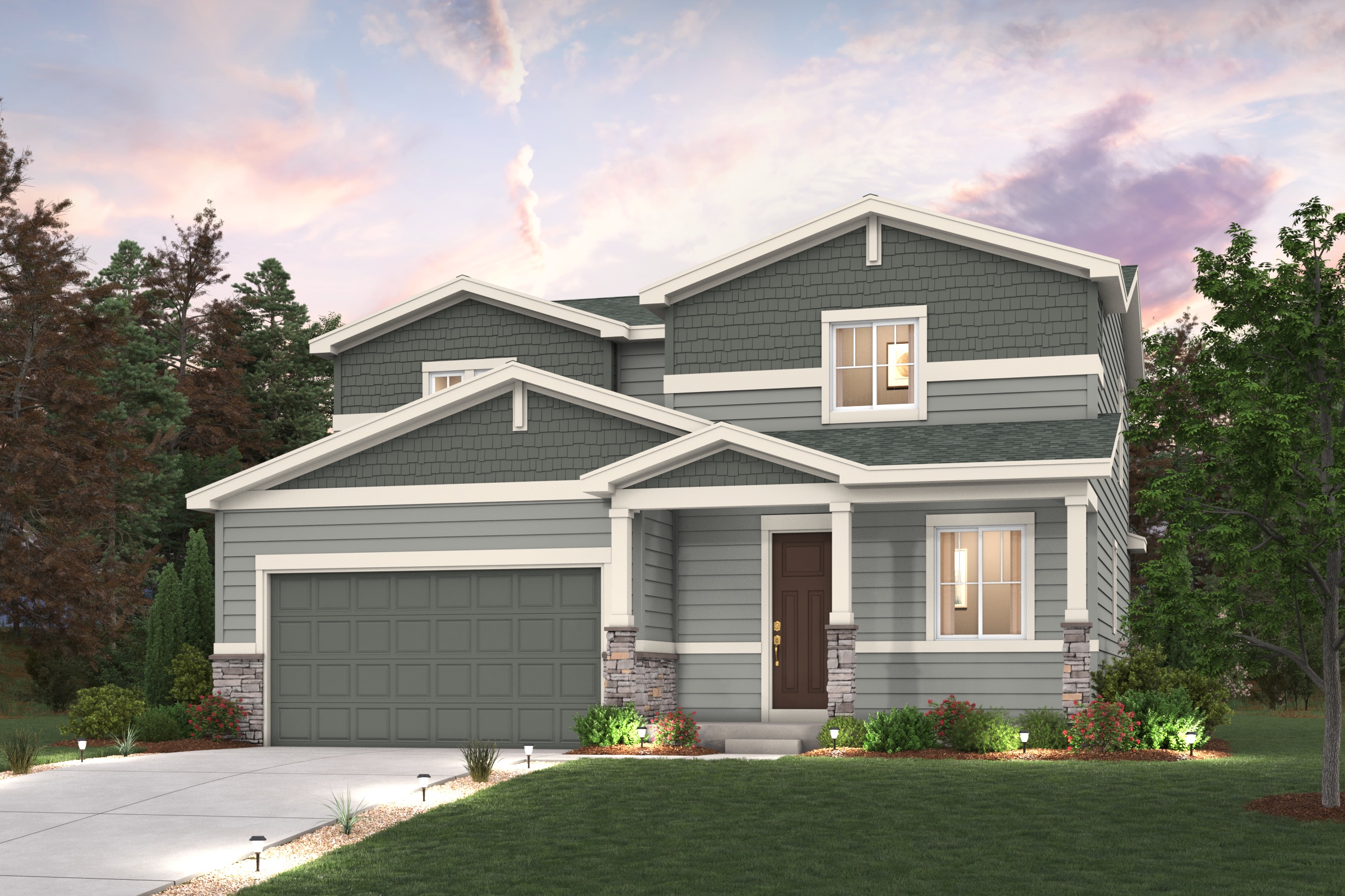 Ontario Elevation B rendering image with home illustration with landscaping and driveway