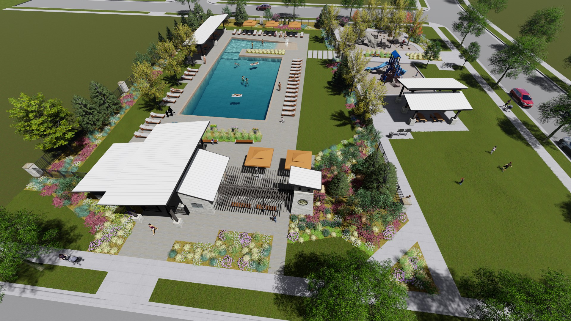 Aerial view of a swimming pool.