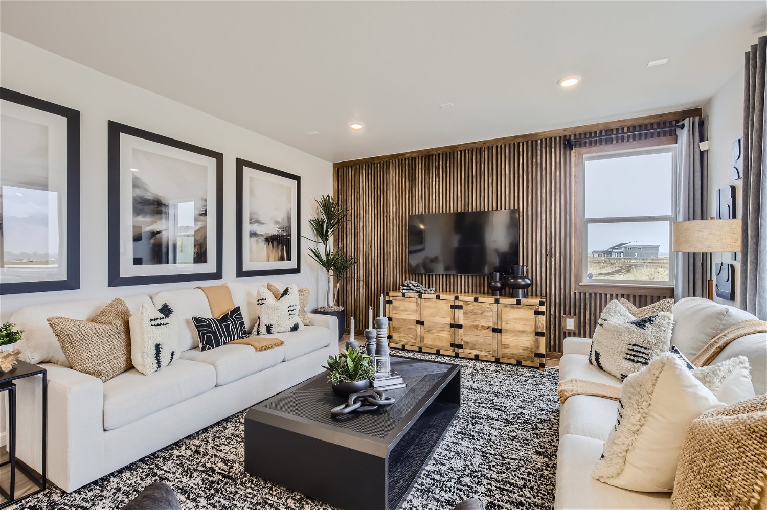 A living room with a fireplace.