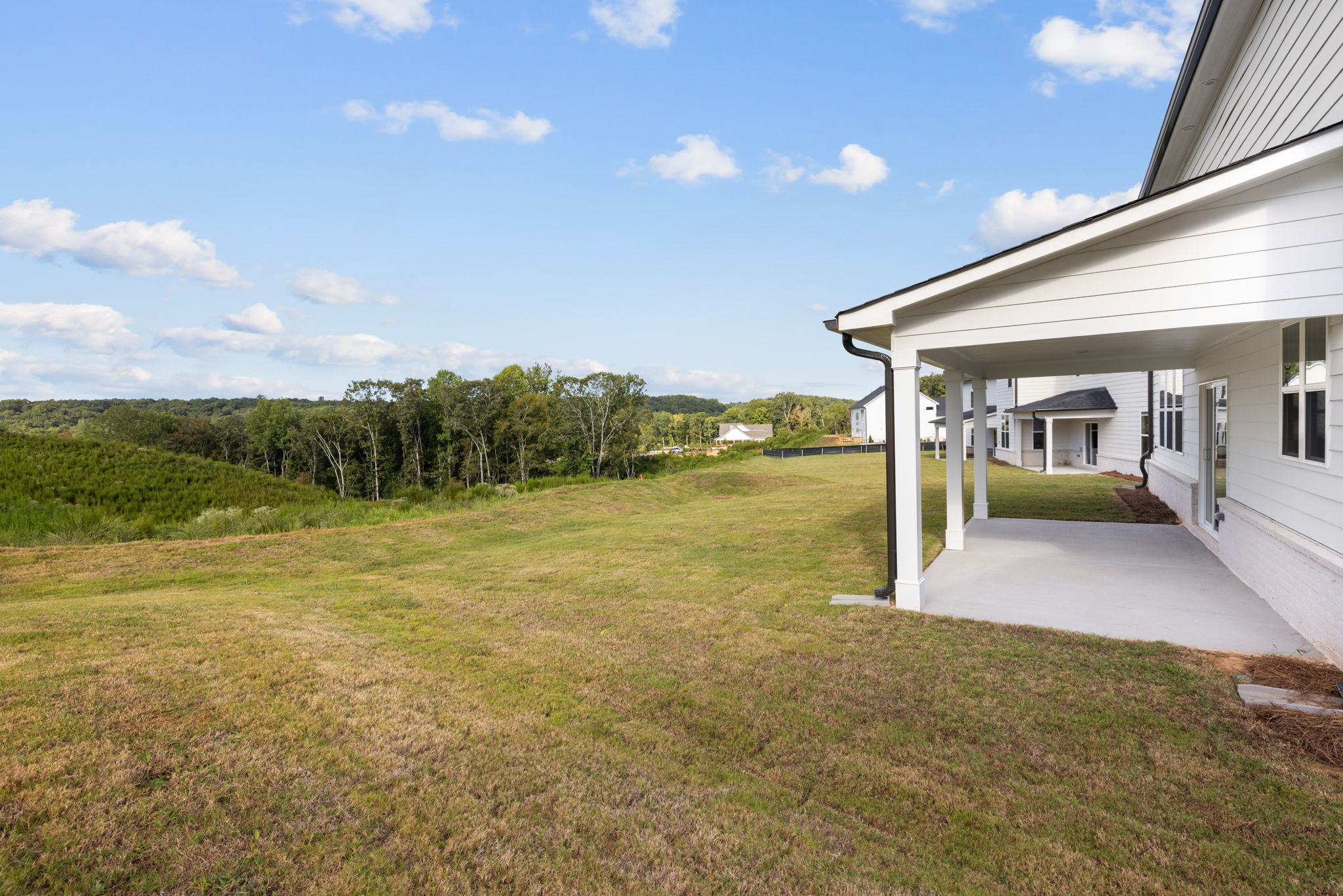 A house with a lawn and trees in the back.