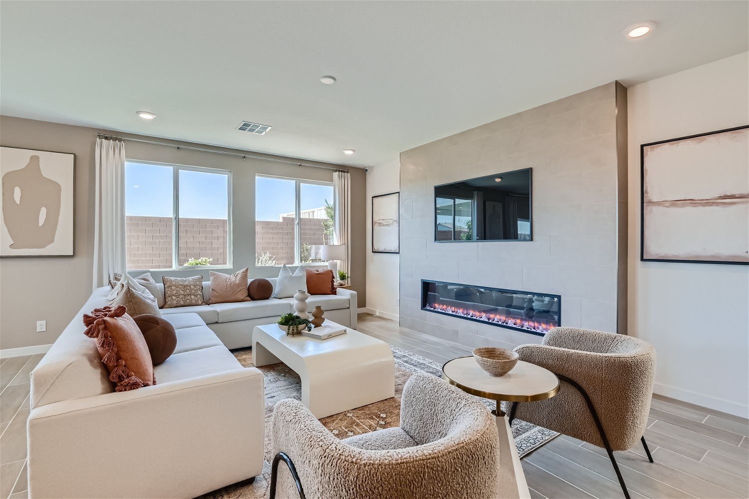 A living room with a fireplace.
