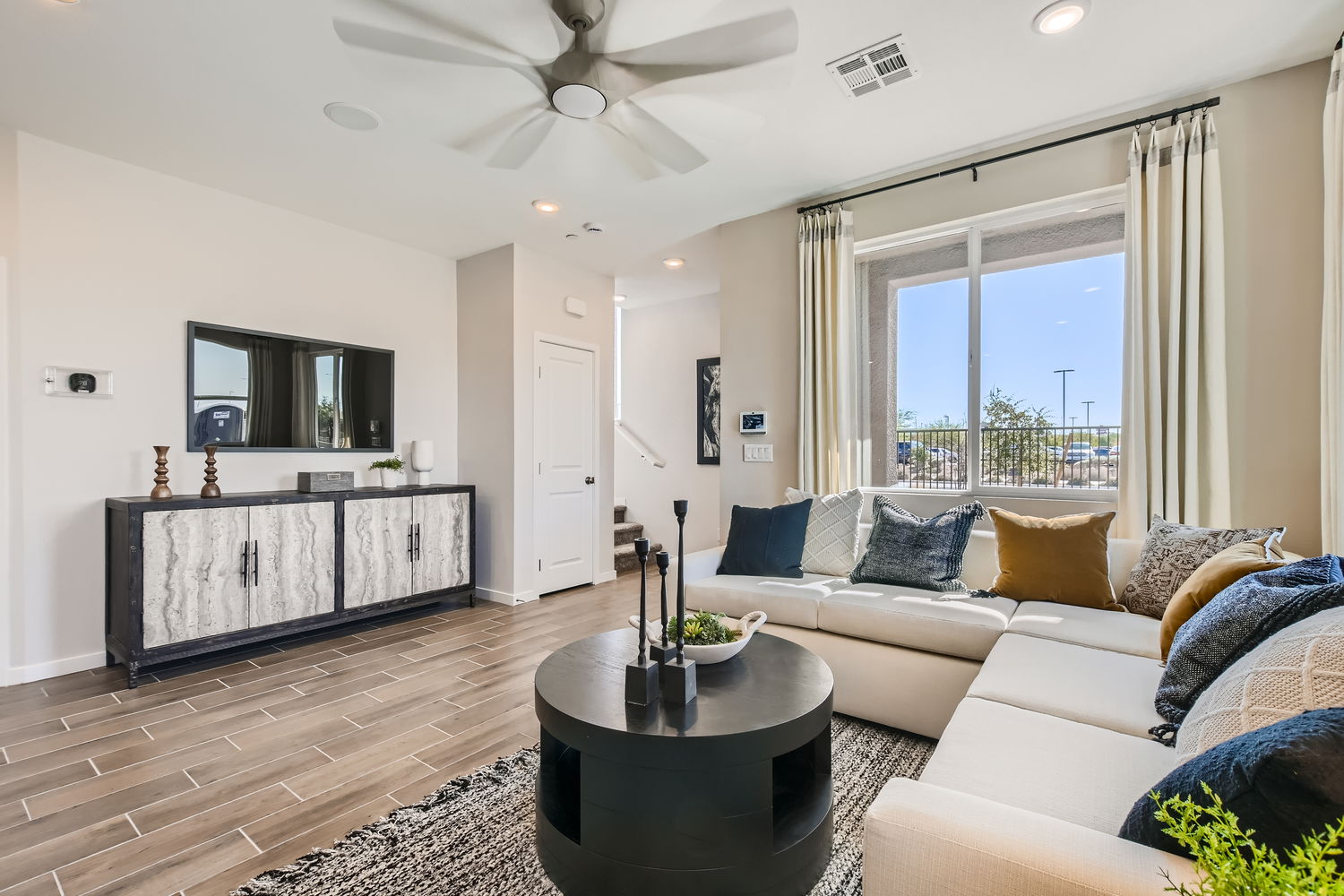 A living room with a fireplace.