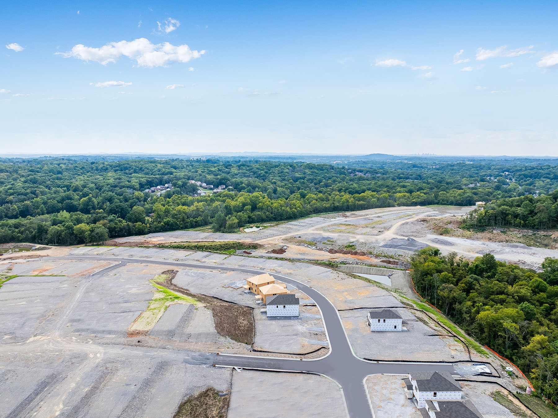 A road with trees and a body of water in the background.