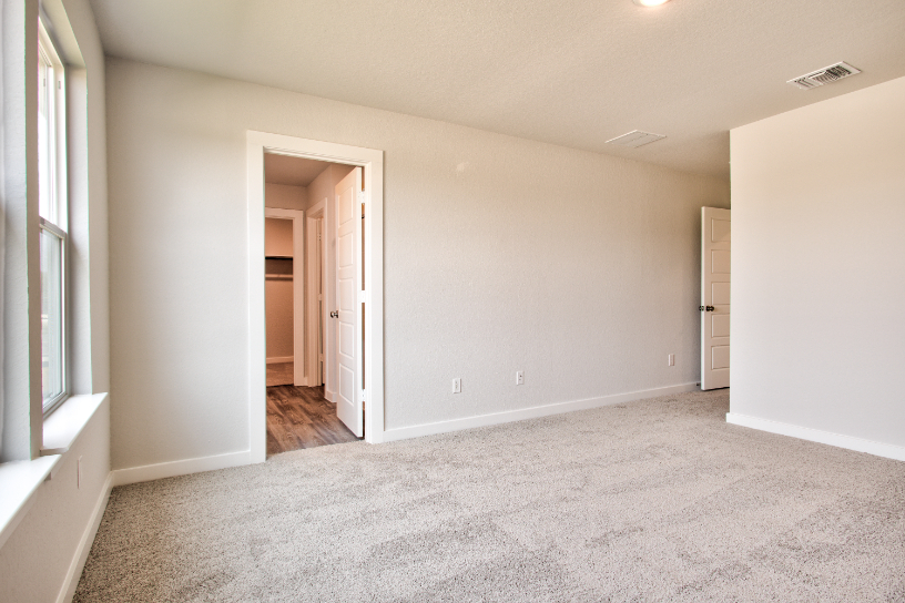 A room with a carpet and a door.