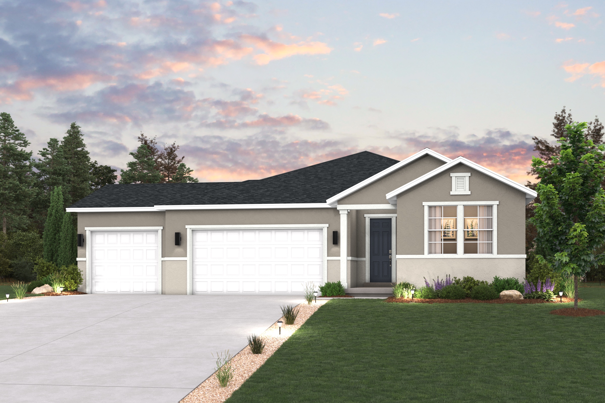 A house with a driveway and a lawn in front of it.