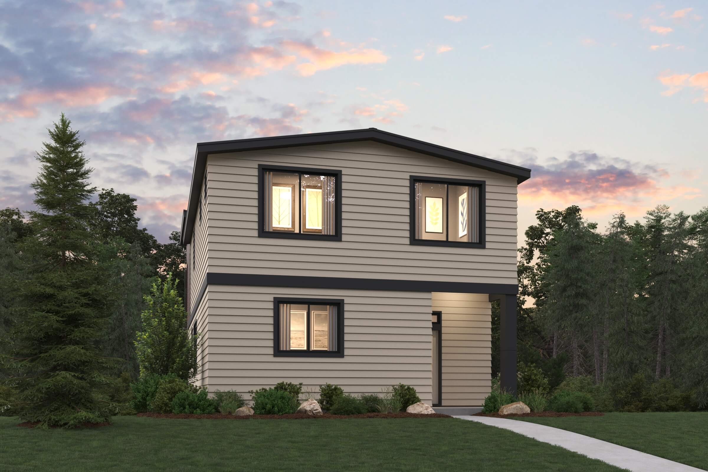 A house with trees in the back.