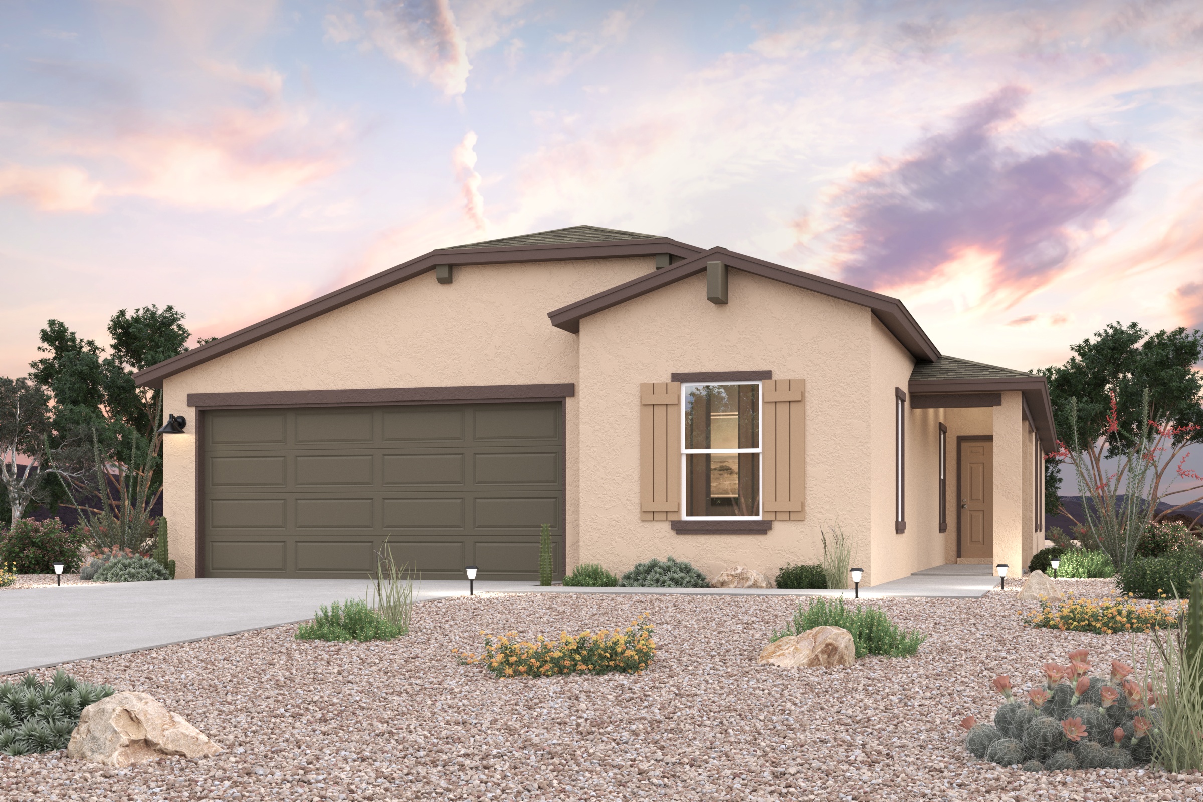 A house with a gravel driveway.